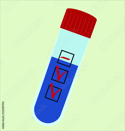 Medical test tube with a liquid or vaccine for the disease, the test tube is transparent with a blue liquid. Tools for the doctor, vector illustration, flat style