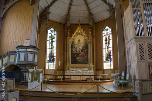 Tromso / Norway - June 12, 2019: Tromso Cathedral (Norwegian: Tromso¸ domkirke) is a cathedral in the city of Tromso in Troms county, Norway. Founded 1252, completed 1861.