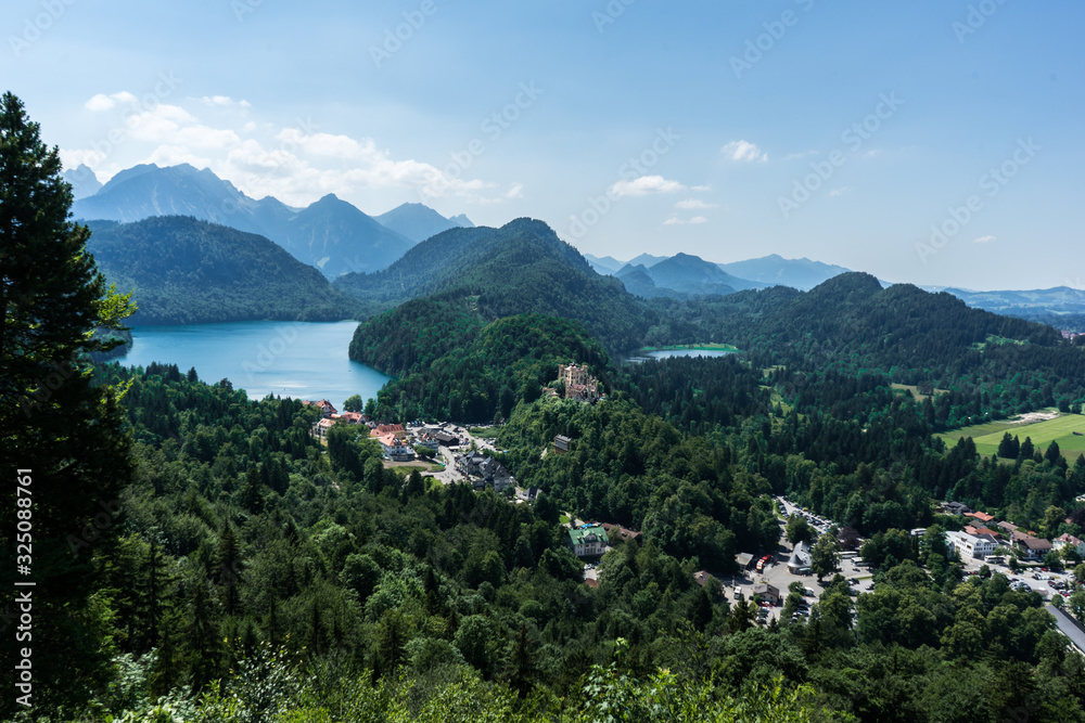 Bavarian lakes with forested mountains in the alps