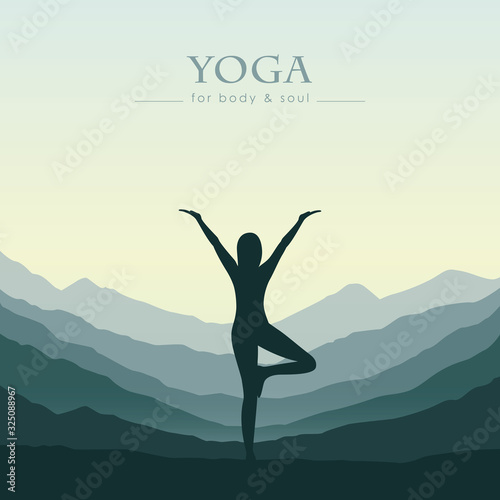 girl makes yoga on green mountain landscape vector illustration EPS10