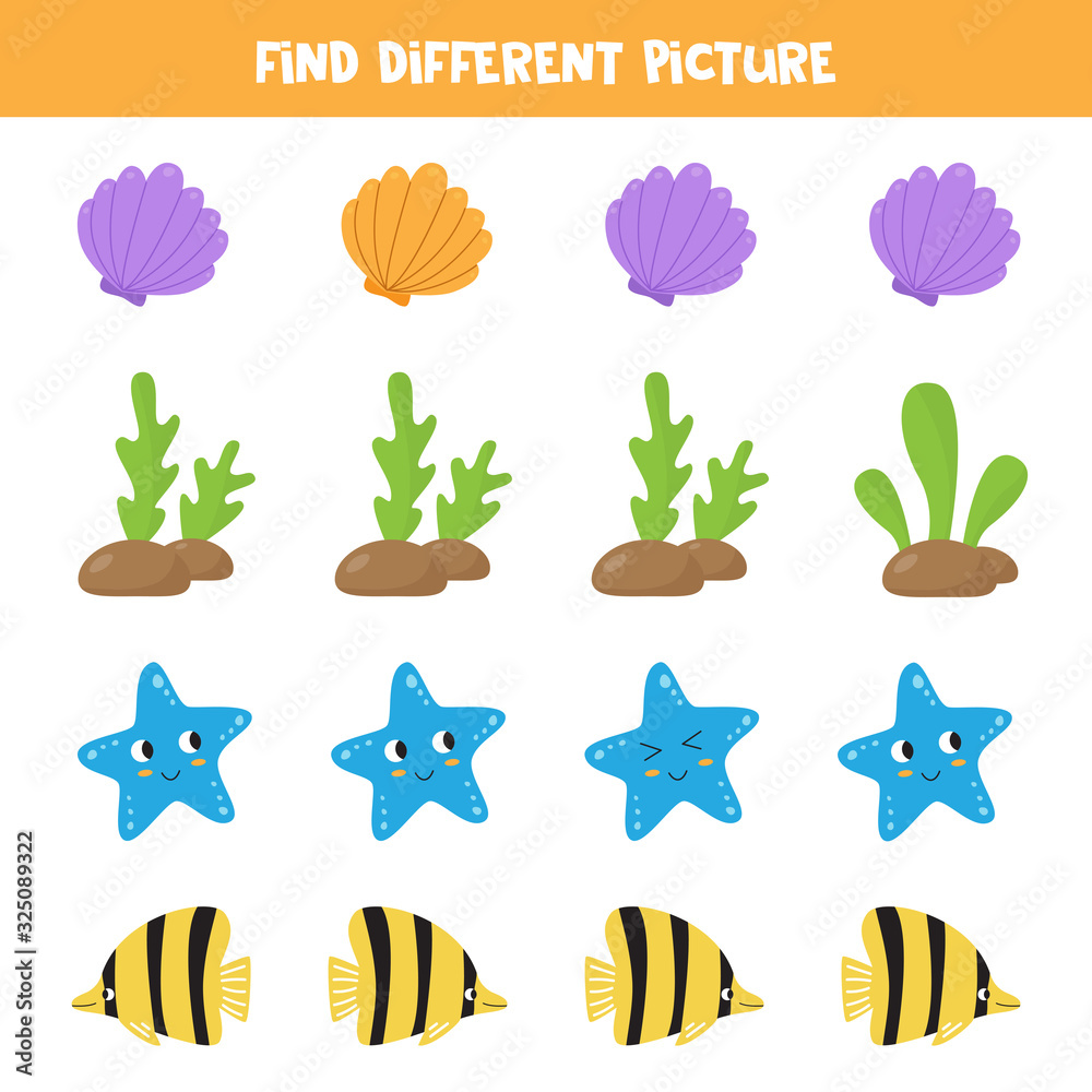 Logical game for kids. Find different picture in each row. Sea animals.