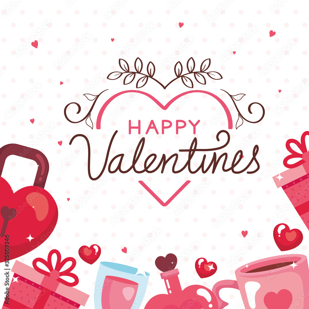 happy valentines day card with icons decoration vector illustration design