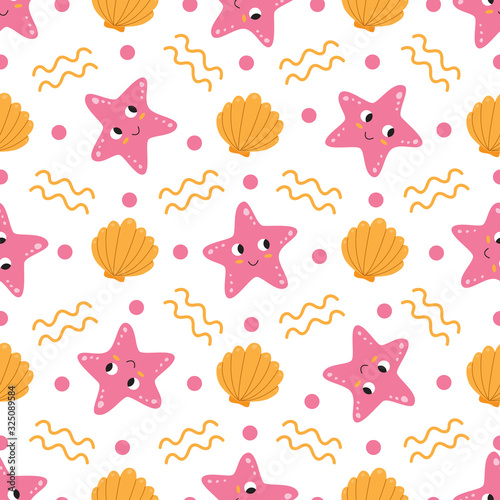 Cute seamless pattern with starfish and seashells.