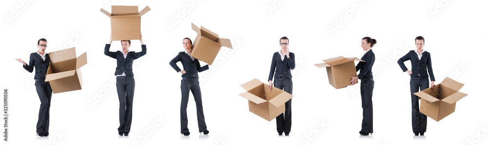 Woman businesswoman with boxes on white Woman businesswoman with boxes on white
