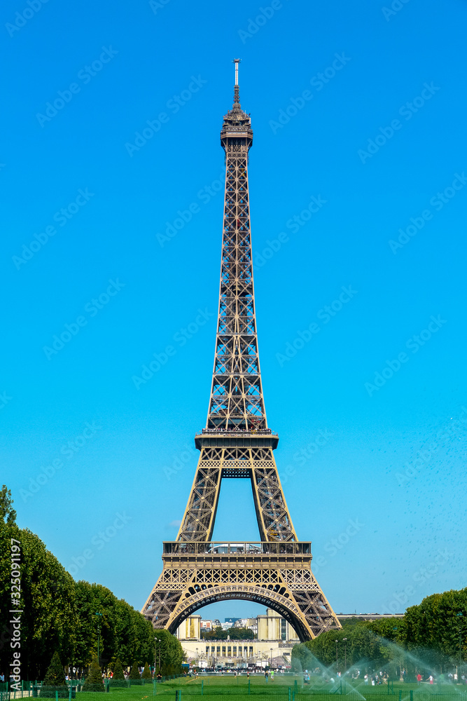 Paris / France - August 14th, 2009: The Eiffel Tower seen from Champ de Mars