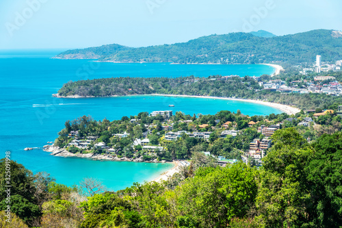 View point of Karon Beach, Kata Beach and Kata Noi in Phuket, Thailand. Beautiful turquoise sea and blue sky from high view point. Holiday vacations concept.