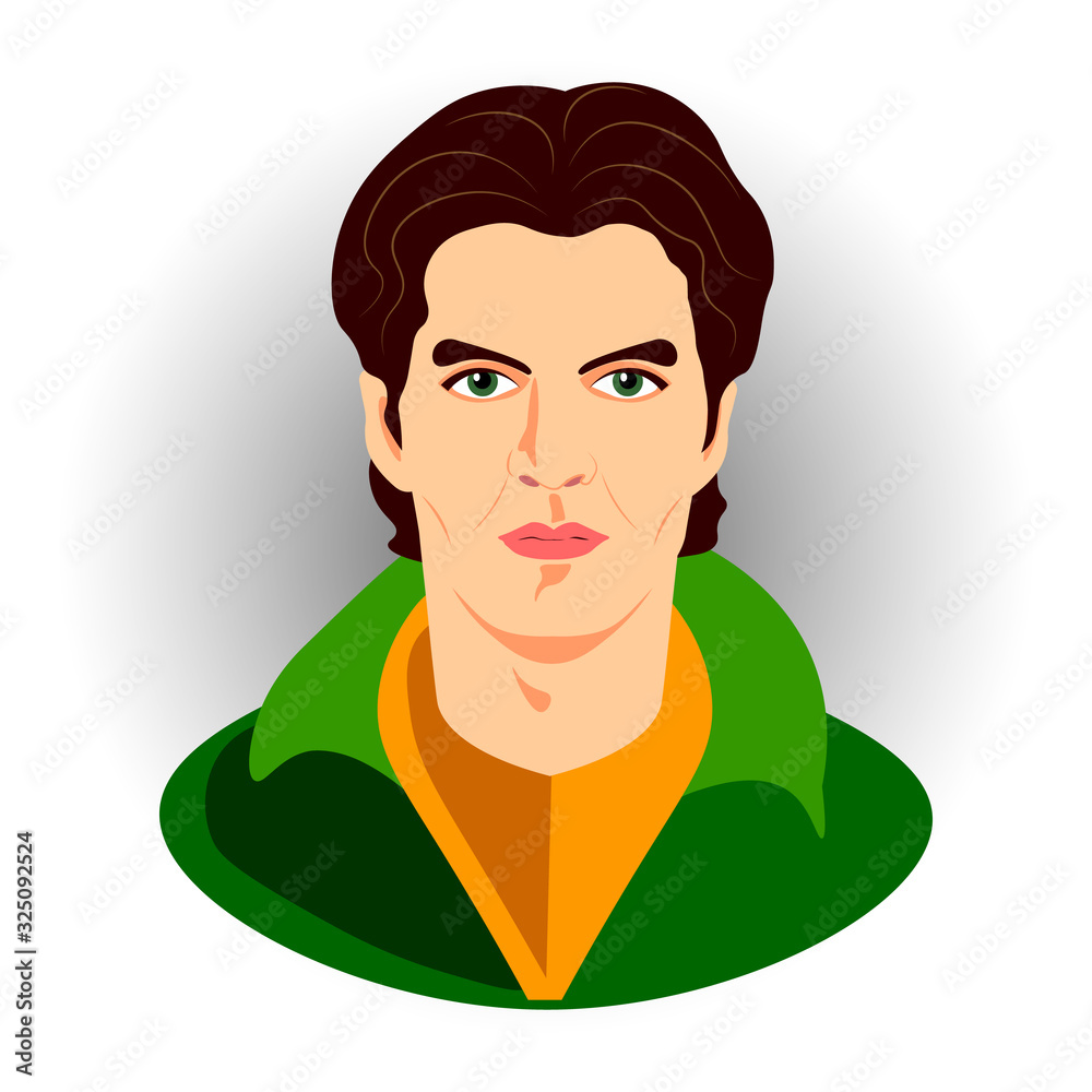 Portrait of a young fair-skinned man with dark hair in a green suit on a white background. Icon. Isolated. Vector illustration Portrait of a young fair-skinned man with dark hair in a green suit on a white background. Icon. Isolated. Vector illustration