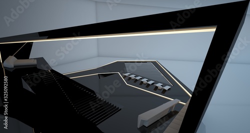Abstract architectural black and white interior of a modern villa with neon lighting. 3D illustration and rendering.