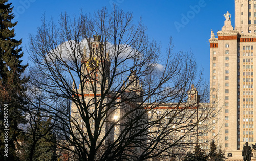 Sunny reflections in spring campus of famous Russian university through naked branches of oak tree