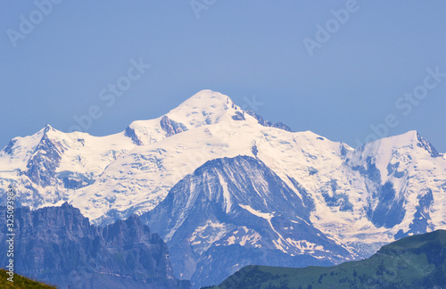 Mont Blanc mountain in the French Alps. Beautiful view of famous mountain.