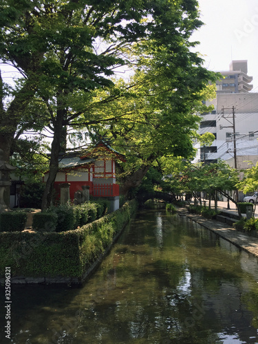 Saga, Japan - 17th April 2018 : Peaceful and natural stream in the city, Saga, Japan