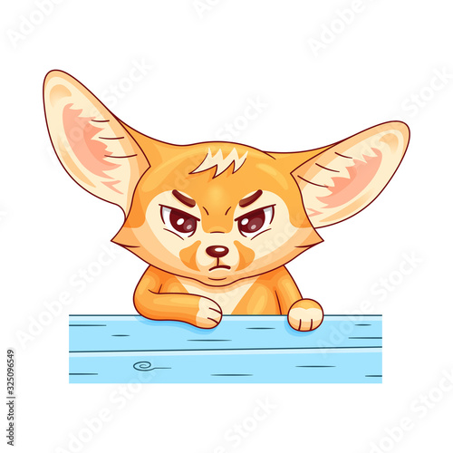 Funny fennec fox  standing by the blue painted fence and looking severely. Amusing cartoon character. Funny pose, emotion and face expression