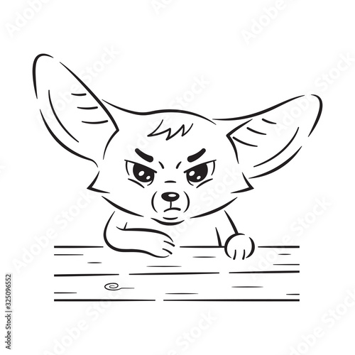 Black and white illustration of a funny fennec fox  who standing by the fence and looking severely. Cute cartoon character. Funny pose, emotion and face expression