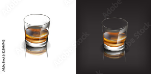 Transparent glass of scotch whiskey or rum with ice cubes realistic set
