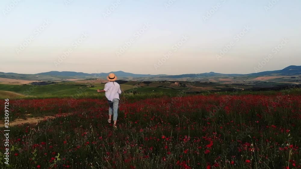 Happy female tourist with camera running in slow motion through red poppy meadow during summer vacations in rural countryside, aerial view of carefree young woman wanderlust photographing nature views Happy female tourist with camera running in slow motion through red poppy meadow during summer vacations in rural countryside, aerial view of carefree young woman wanderlust photographing nature views