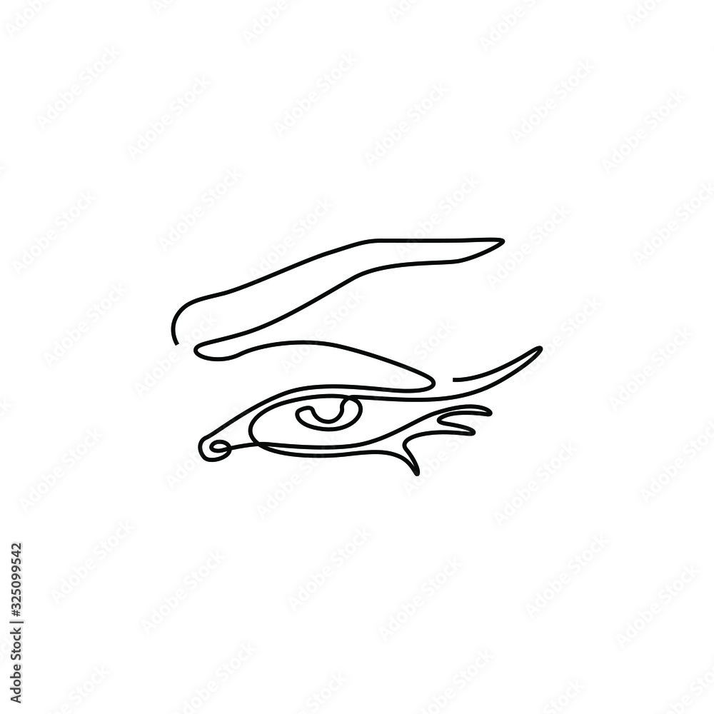 Eye with eyebrow, continuous line drawing, small tattoo, print for clothes and logo design, emblem or logo design, logo for the studio eyelash, isolated vector illustration. Eye with eyebrow, continuous line drawing, small tattoo, print for clothes and logo design, emblem or logo design, logo for the studio eyelash, isolated vector illustration.
