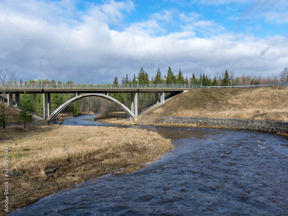 Fototapeta premium spring landscape with arched bridge over river