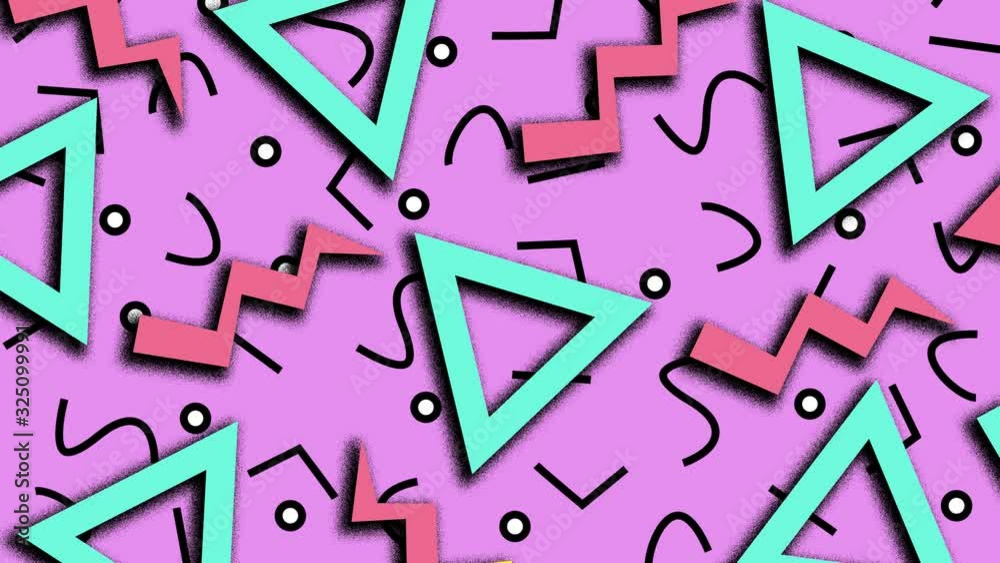 Retro abstract 80's 90's design pattern background. Memphis style with geometrical shapes of different vintage colors. Seamless 4k pop art design that can be set in a loop.