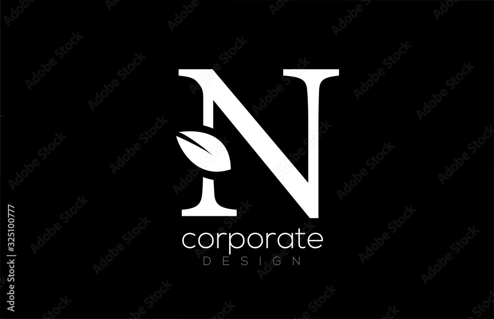 black and white N letter alphabet leaf logo icon design for company and business