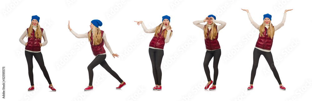 Blond hair girl in bordo vest isolated on white Blond hair girl in bordo vest isolated on white