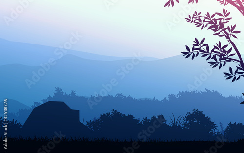 Natural forest trees mountains horizon hills silhouettes of trees and hills in the evening Sunrise and sunset Landscape wallpaper Illustration vector style Colorful view background photo