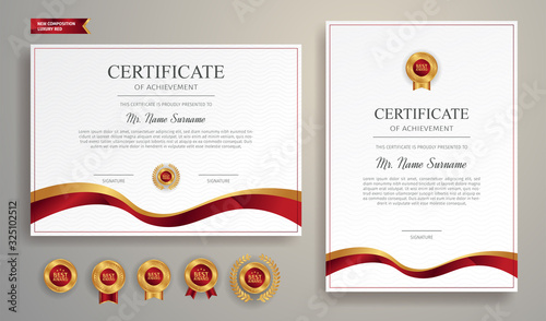 Red and gold certificate of achievement border template with luxury badge and modern line pattern. For award, business, and education needs