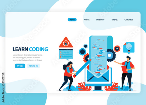 Vector homepage for learning programming and coding. Application development with a simple programming language. Flat illustration for landing page, template, ui ux, web, mobile app, banner, flyer