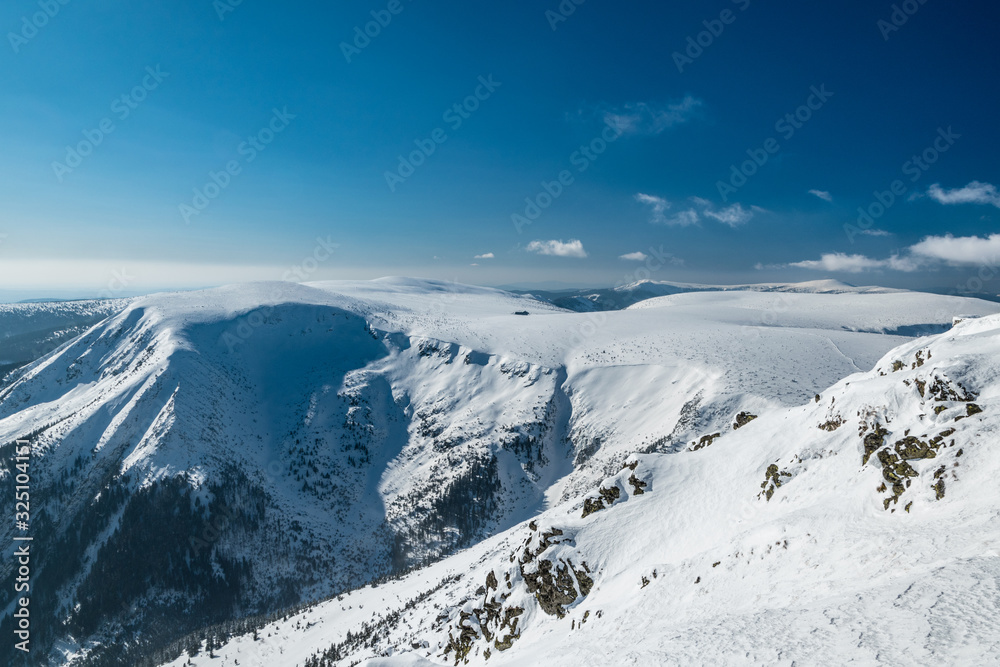 Obri dul valley with Krkonose plains on a sunny winter day, Snezka, Krkonose mountains, Czech republic