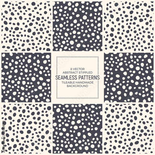 Set Of 8 Vector Abstract Stippled Scandinavian Style Seamless Patterns. Simple Dotted Repetitive Backgrounds For Textile, Clothes, Wrapping. Black And White Tileable Polka Dot Wallpapers Collection