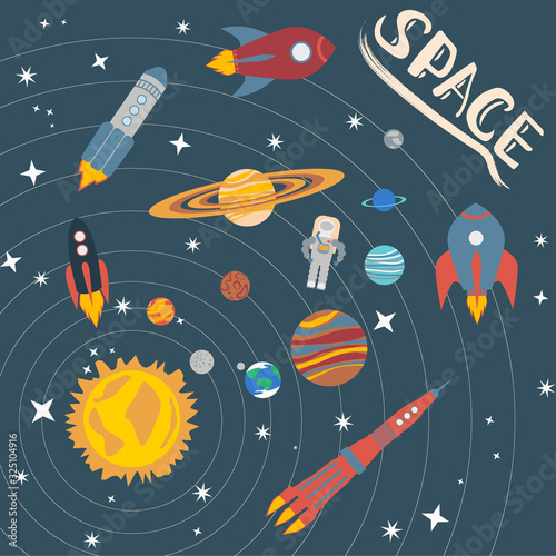 The composition of the solar system, planets and rockets. Space design elements.