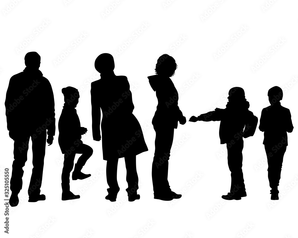 Families with little child walking on street. Isolated silhouettes of people on white background