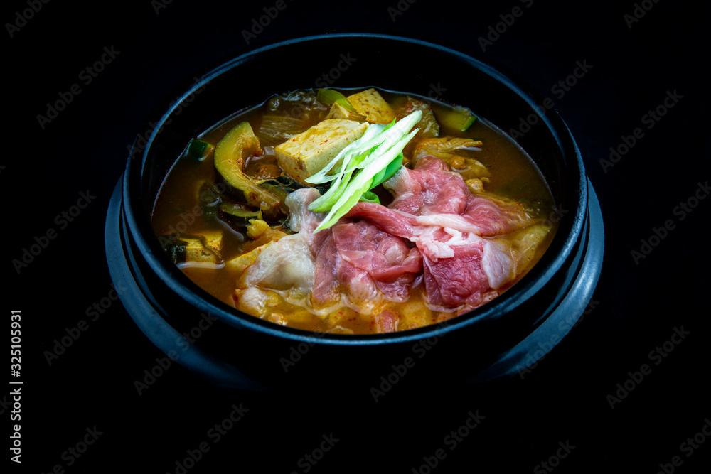 Soybean Paste Stew with Beef Brisket which is called Cadobagi Doenjan Jjigae in Korean Soybean Paste Stew with Beef Brisket which is called Cadobagi Doenjan Jjigae in Korean