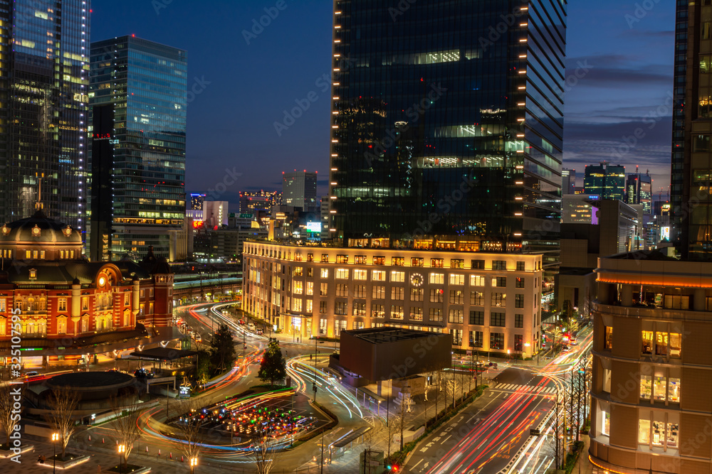 Panorama is a very beautiful night, with many buildings in Tokyo, Japan.