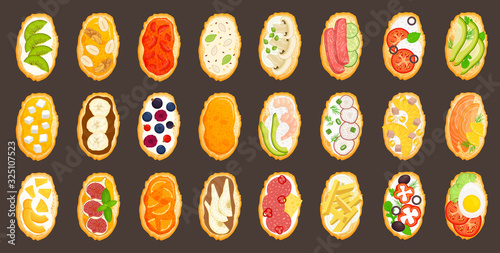 Set of toasts. Toasted bread with various ingredients. Large selection of toppings for a delicious breakfast. Vector illustration in cartoon style. Top view. Recipes for every taste.