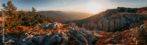 Mountain autumn landscape panorama at sunrise