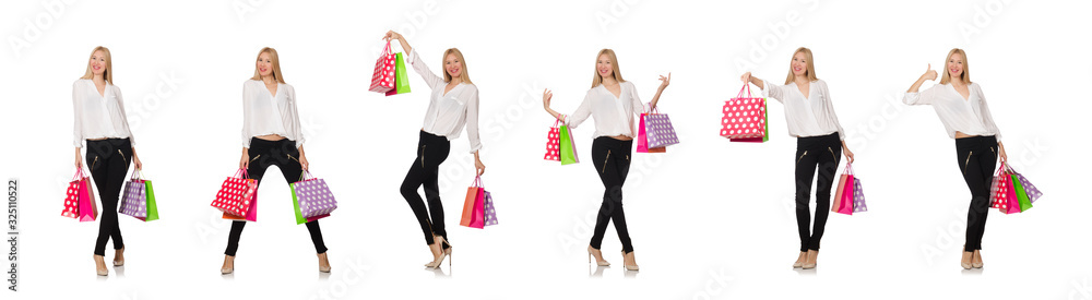 Woman many shopping bags after shopping isolated on white Woman many shopping bags after shopping isolated on white