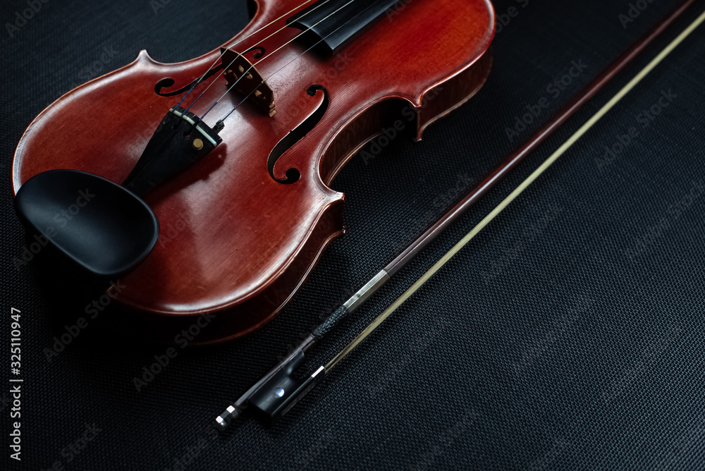 Fototapeta premium The wooden violin put on background,show front side of acoustic instrument