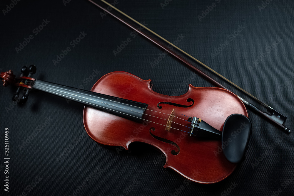 Fototapeta premium The wooden violin put on background,show front side of acoustic instrument