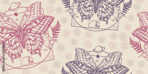 Esoteric butterfly. Seamless pattern. Packing old paper, scrapbooking style. Vintage background. Medieval manuscript, engraving art. Symbol of magic, renaissance, travel