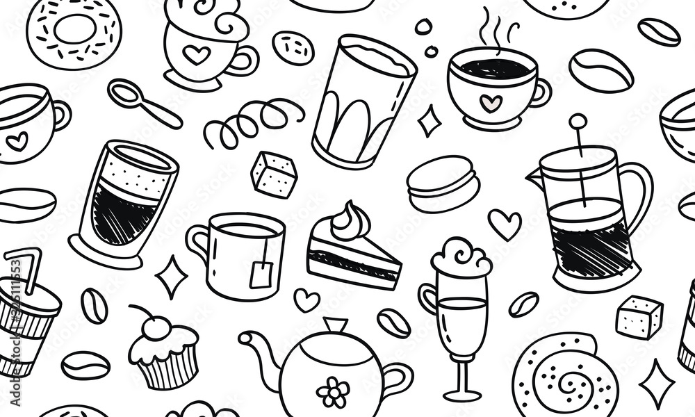 Beautiful pattern seamless of cofe. Natural coffee, desserts, pastries, cup, tea, hand drawn style retro. Vector decorative cute elegant illustration isolated white background Beautiful pattern seamless of cofe. Natural coffee, desserts, pastries, cup, tea, hand drawn style retro. Vector decorative cute elegant illustration isolated white background