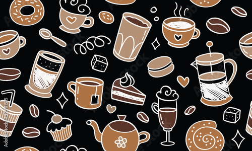 Beautiful pattern seamless of cofe. Natural coffee, desserts, pastries, cup, tea, hand drawn style retro. Vector decorative cute elegant illustration isolated white background