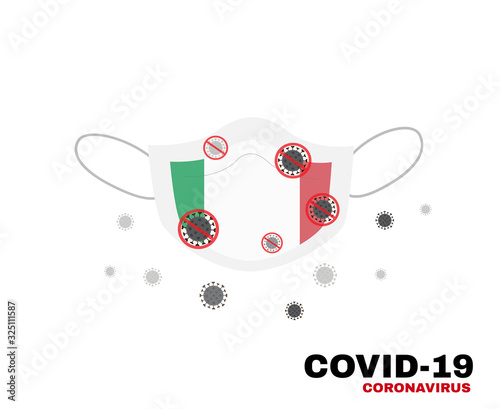 Medical face mask with symbol of Italy flag to protect Italian people from coronavirus or Covid-19, virus outbreak protecton concept, sign symbol background, vector illustratioin.