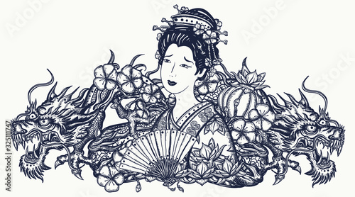 Two dragons and сhinese woman, fan, lantern. Tattoo and t-shirt design. Ancient China. History and culture of Asia. Oriental art. Traditional tattooing style © intueri