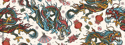 Chinese dragons seamless pattern. Flying snakes, pink fan, red lantern and lo...