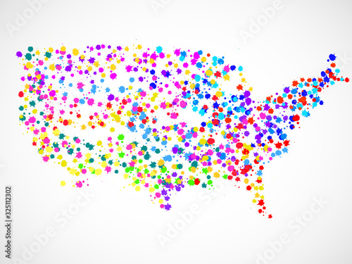 Abstract USA map of colorful ink splashes, grunge splatters. Vector illustration