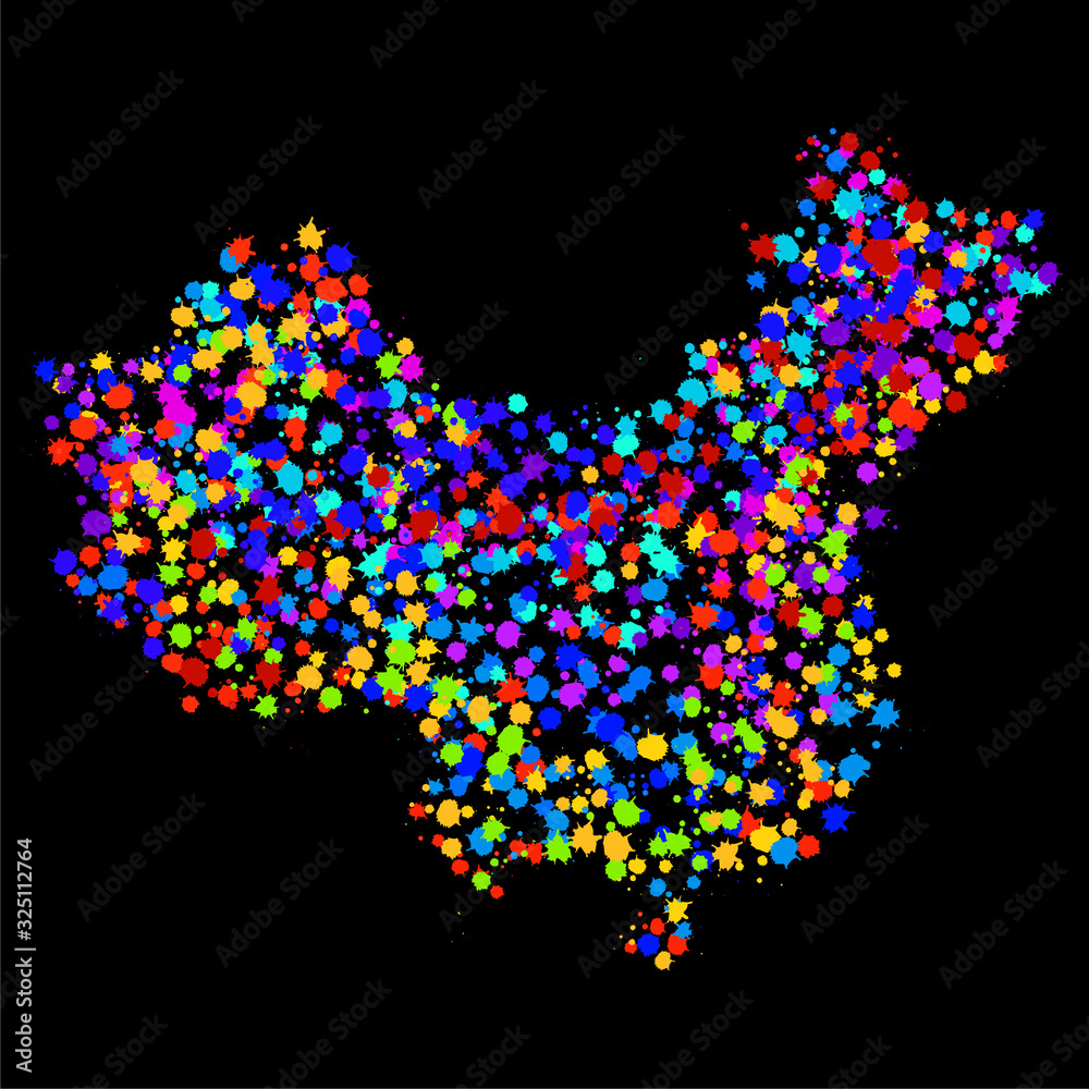 Abstract China map of colorful ink splashes, grunge splatters. Vector illustration