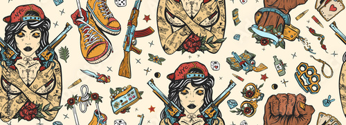 Criminal street culture seamless pattern. Old school tattoo. Swag. Hip-hop lifestyle. Cool gangster tattooed woman in baseball cap. Crime favela. Bad girl and crossed guns, handcuffs, audio cassette