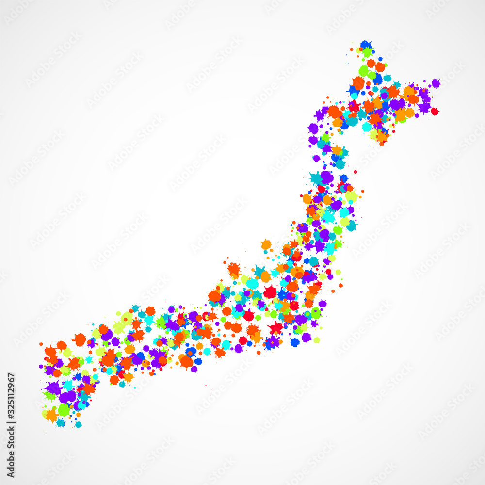 Abstract Japan map of colorful ink splashes, grunge splatters. Vector illustration Abstract Japan map of colorful ink splashes, grunge splatters. Vector illustration