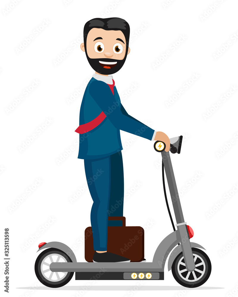 Businessman rides an electric scooter on a white. Character Businessman rides an electric scooter on a white. Character