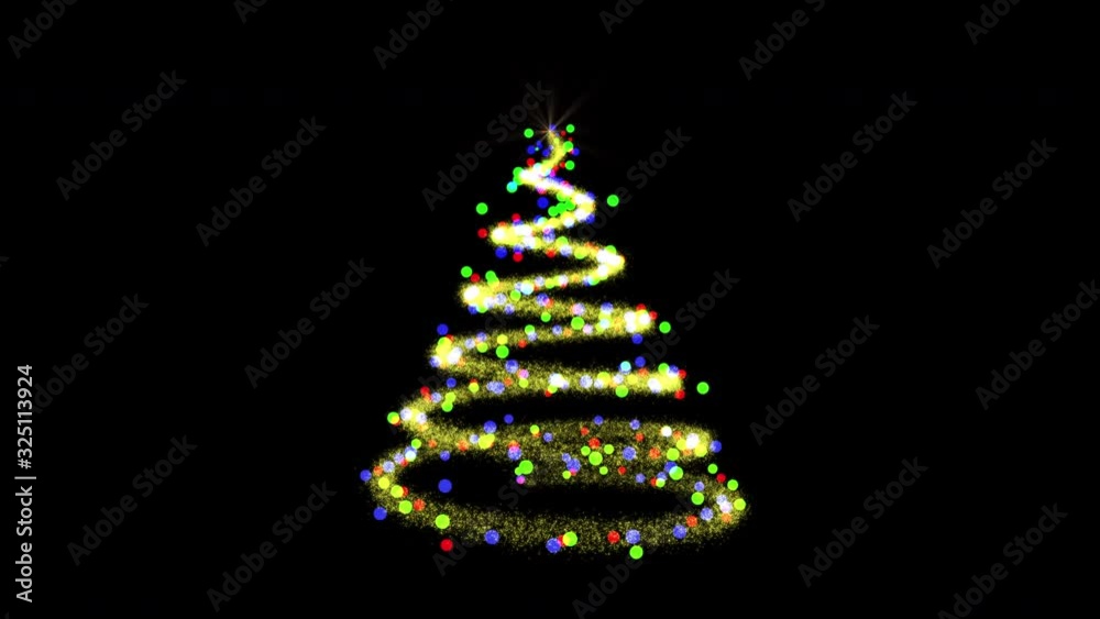 Abstract yellow Christmas tree with star on top decorated with colorful baubles on black background. Gold Christmas tree, a colorful trail of glitter. Abstract yellow Christmas tree with star on top decorated with colorful baubles on black background. Gold Christmas tree, a colorful trail of glitter.